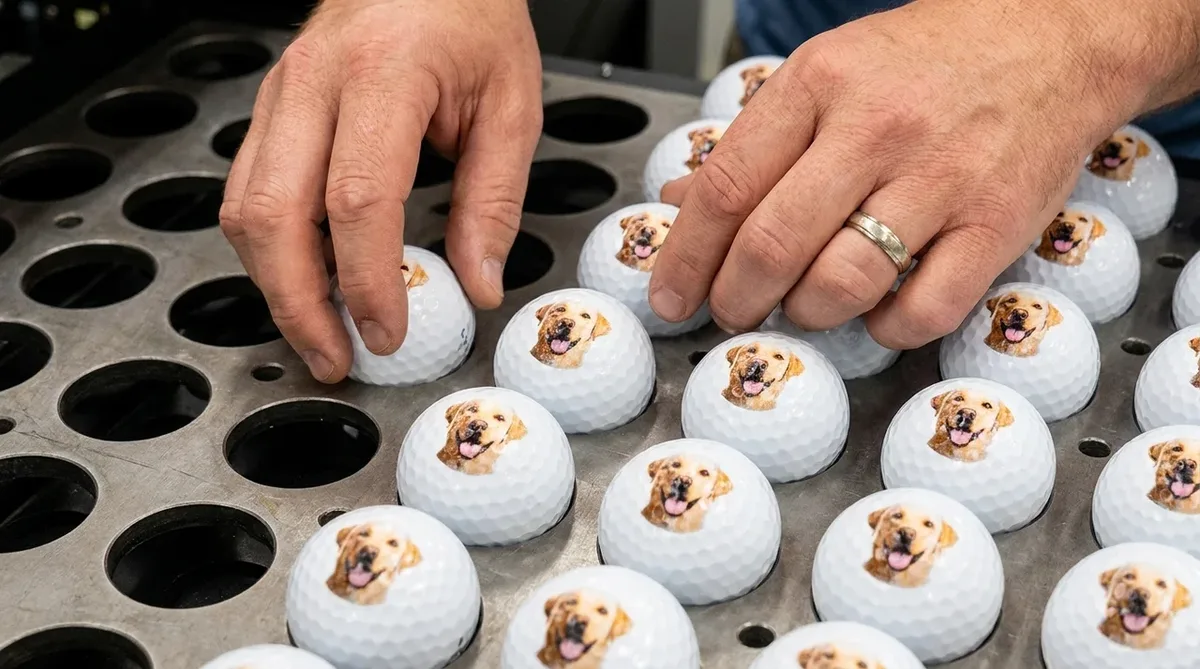 Custom photo golf balls loaded onto a Mimaki UV flatbed printer