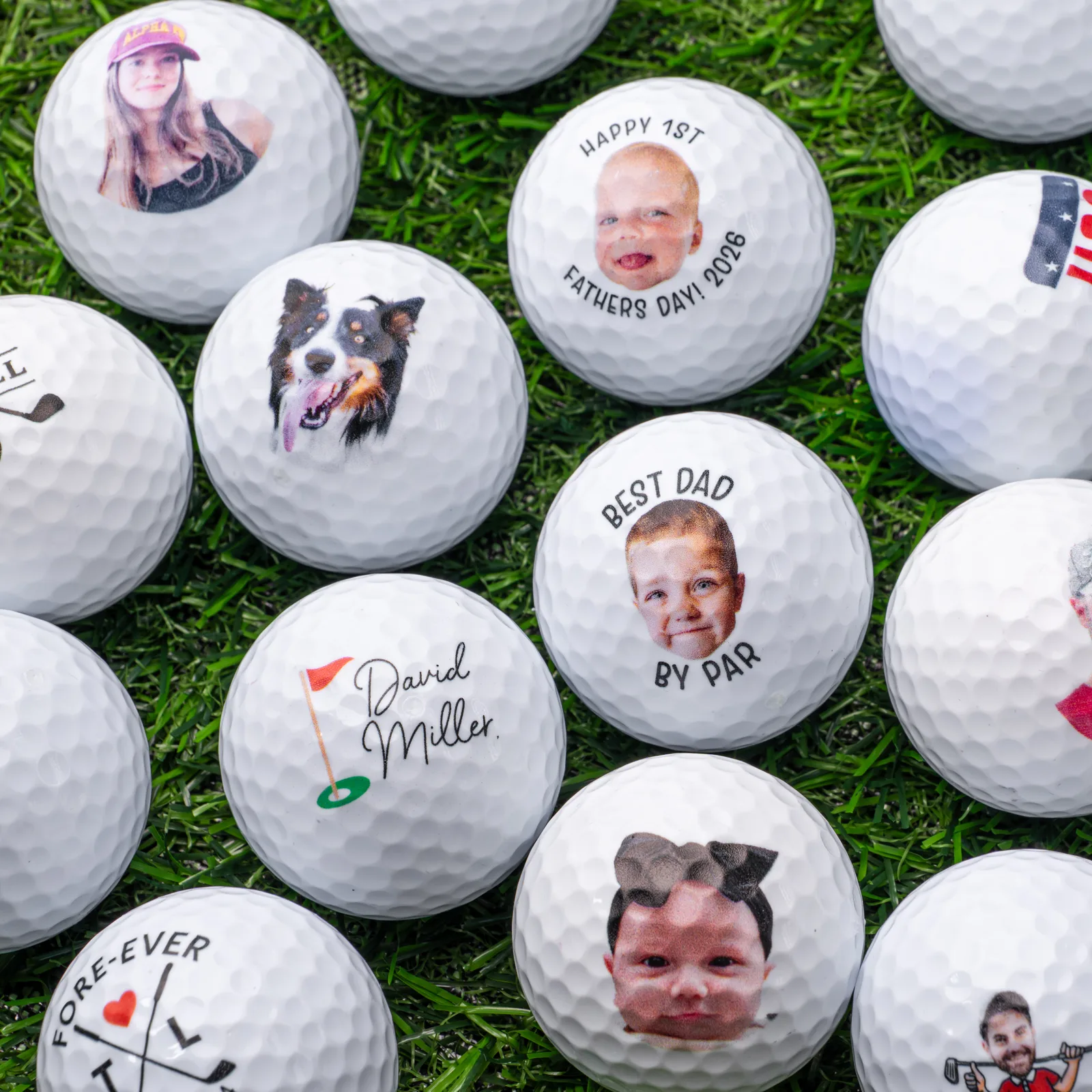 Custom photo-printed golf balls, UV printed in California
