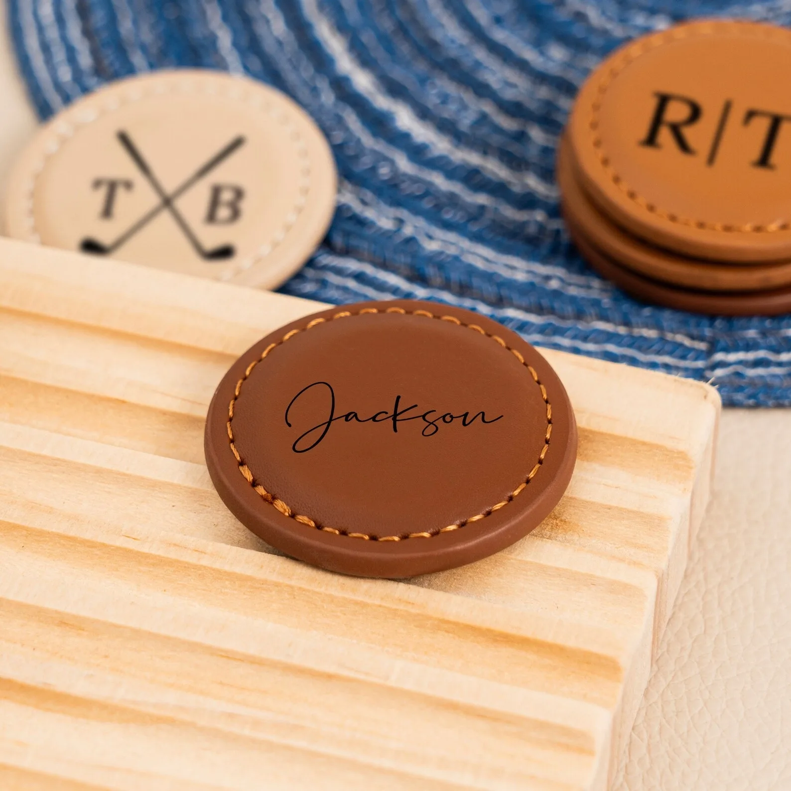 Custom engraved leather drink coasters