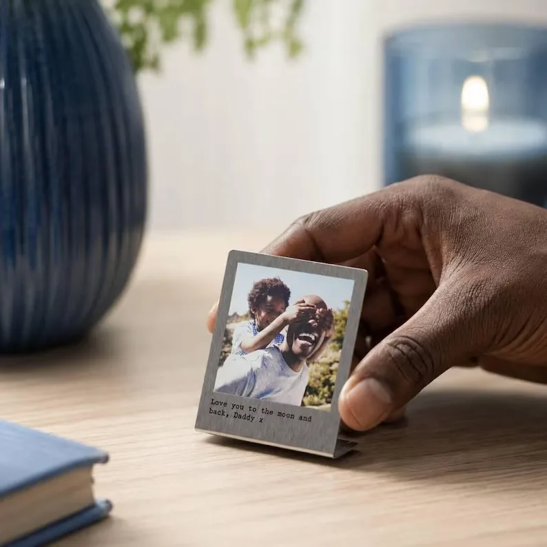 Personalized metal photo stand with printed photo